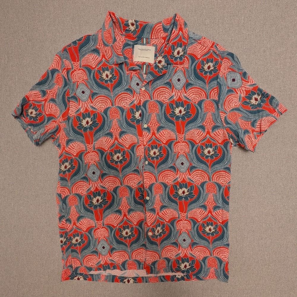Ricky Singh Denim & Flower Shirt Mens XL Cactus Flower Floral Button Hawaiian
